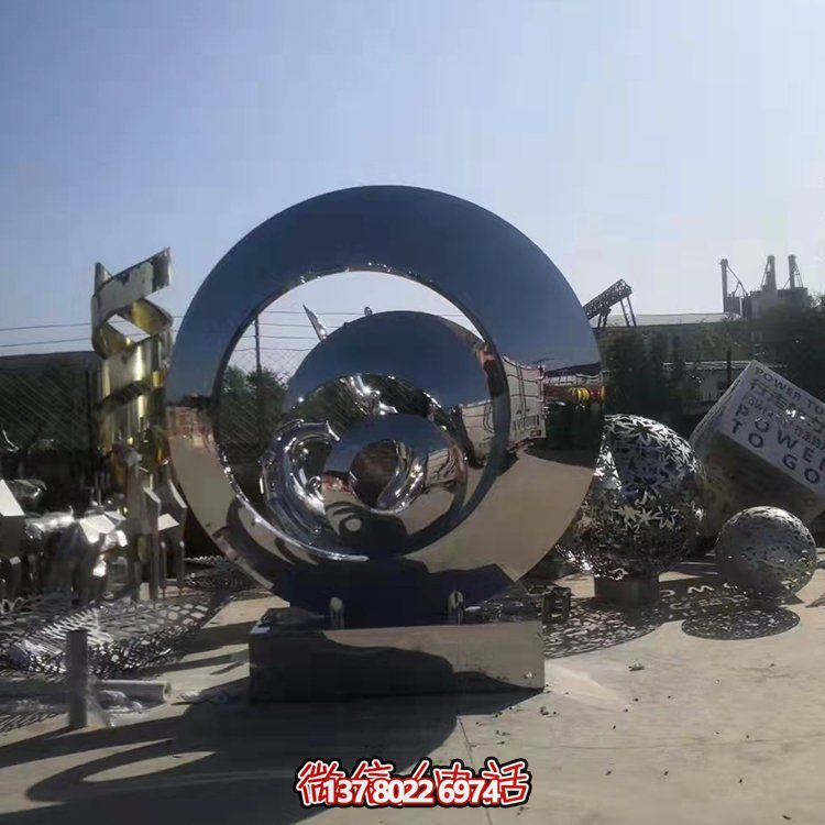 不銹鋼抽象幾何雕塑，鏡面圓環裝飾廣場、園林