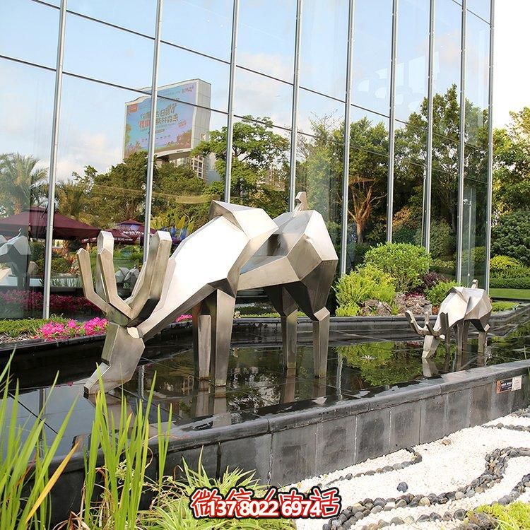 精致雕塑，幾何鏡面不銹鋼鹿，點(diǎn)綴精致水景小品