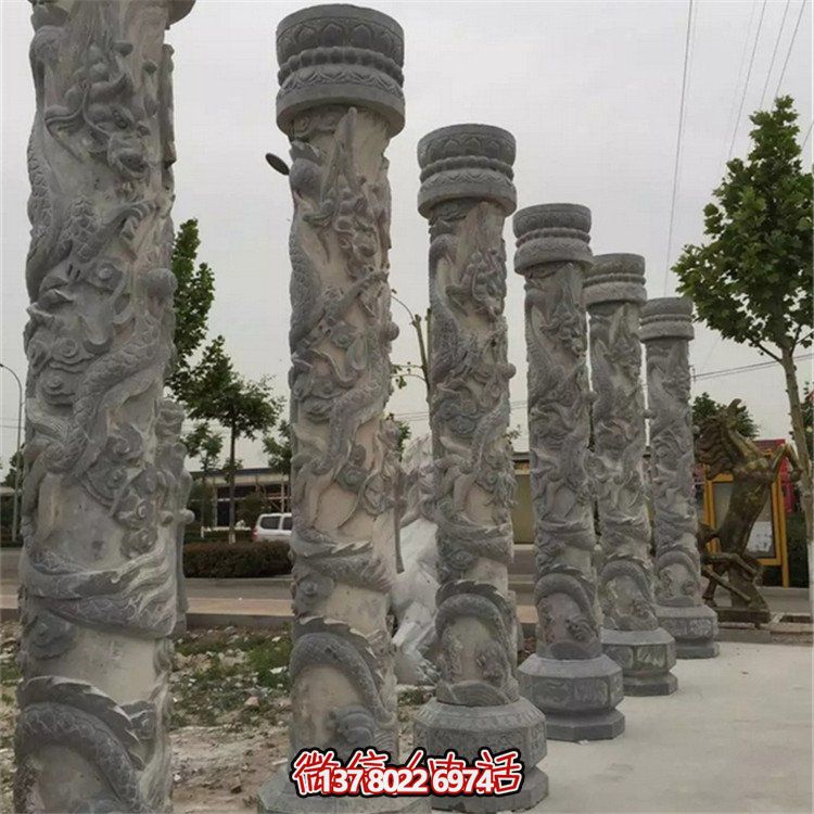 天然大理石浮雕龍盤柱，裝飾園林廣場的精美擺件