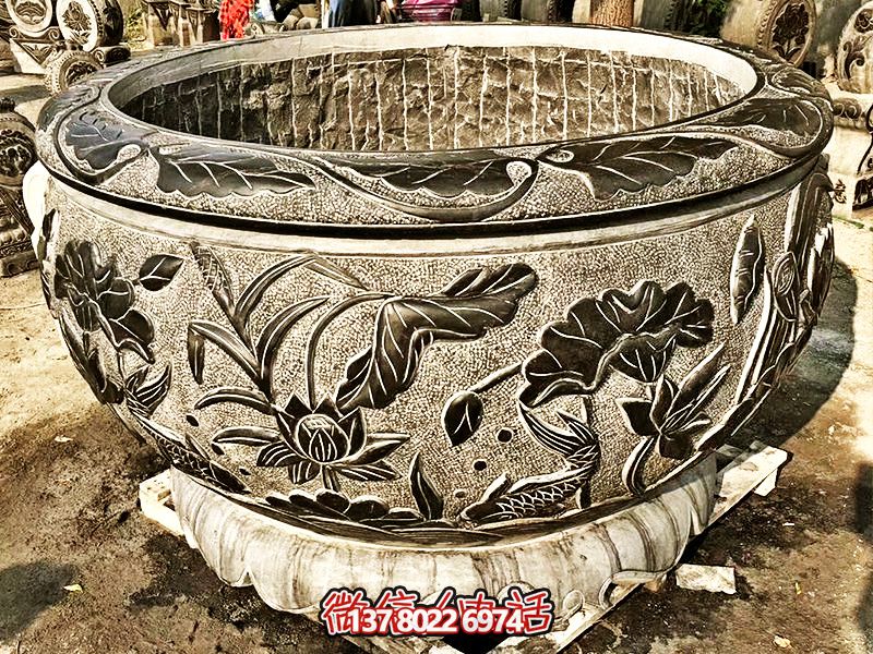 精美大理石浮雕蓮花缸，現(xiàn)代庭院裝飾雕塑