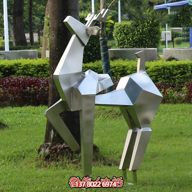 不銹鋼幾何切面鹿雕塑，優雅動物景觀擺件