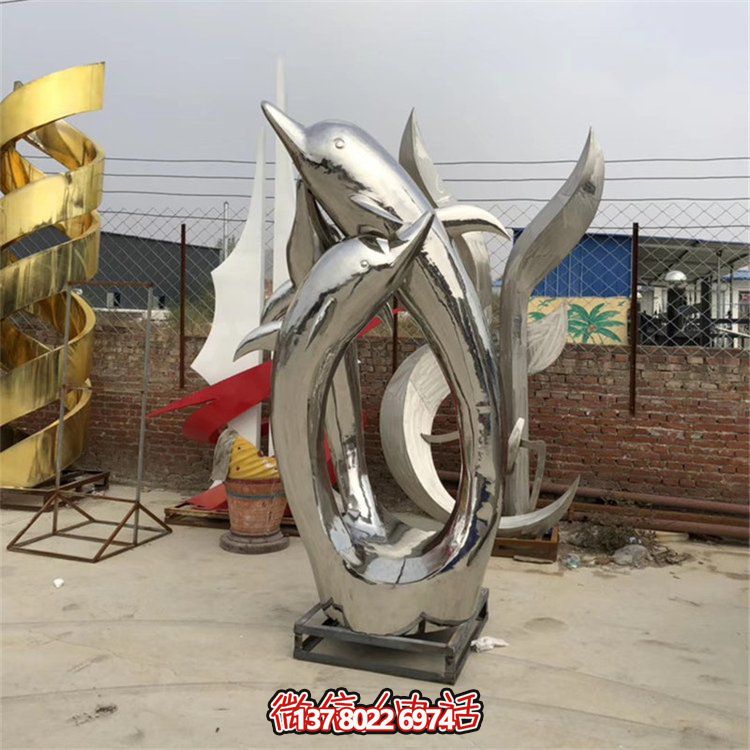 精美不銹鋼海豚雕塑，為您的戶外廣場增添水景鏡面美感