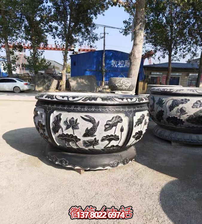 古典仿古石雕魚缸，添點家園庭院荷花水景