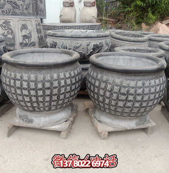 自然美學結合青石石雕、浮雕、編織、雕塑的戶外園林魚缸