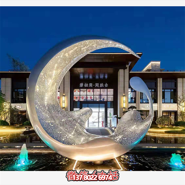 不銹鋼月亮水滴雕塑，透光水景裝飾雕塑